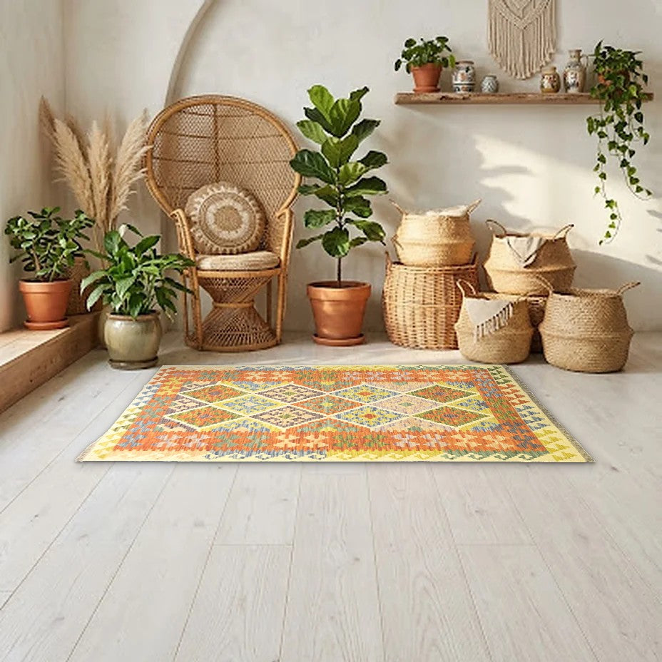 Room view: the rug on the floor of a furnished room, shown at its real size
