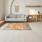 Room view: the rug on the floor of a furnished room, shown at its real size