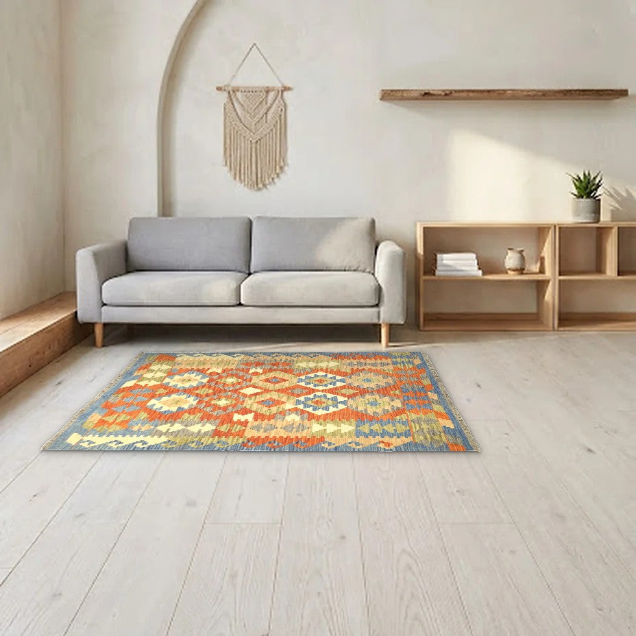 Room view: the rug on the floor of a furnished room, shown at its real size