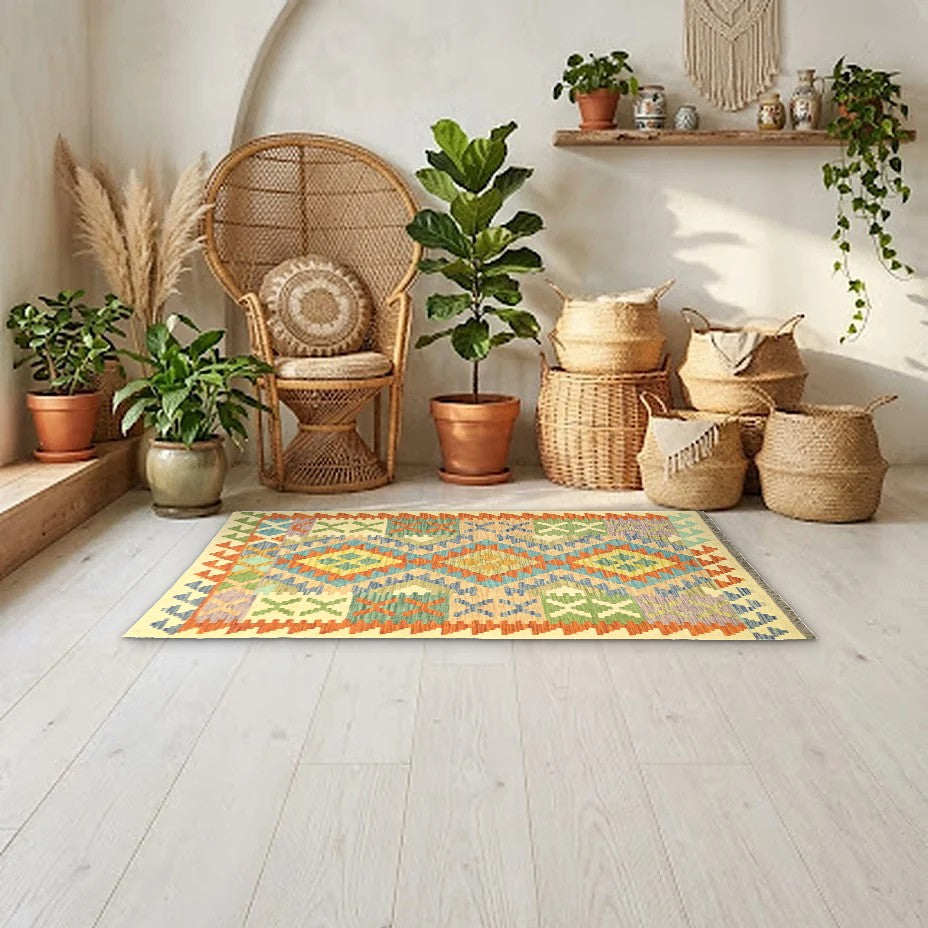 Room view: the rug on the floor of a furnished room, shown at its real size