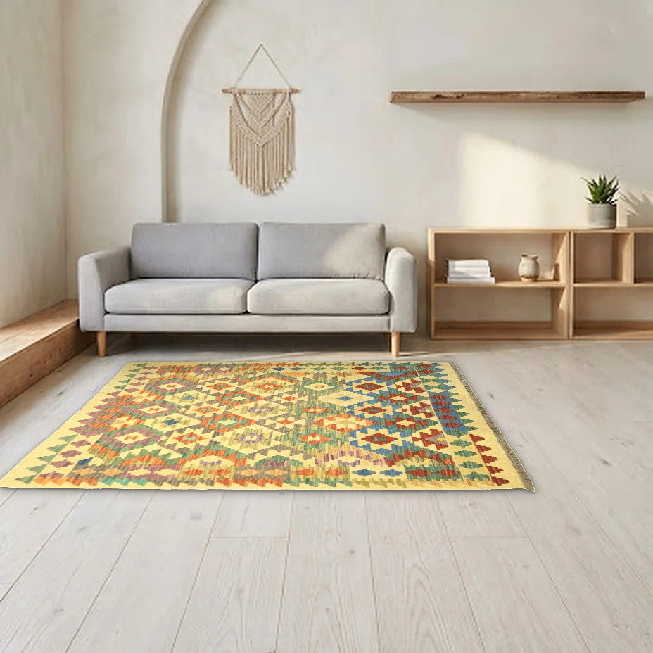 Room view: the rug on the floor of a furnished room, shown at its real size
