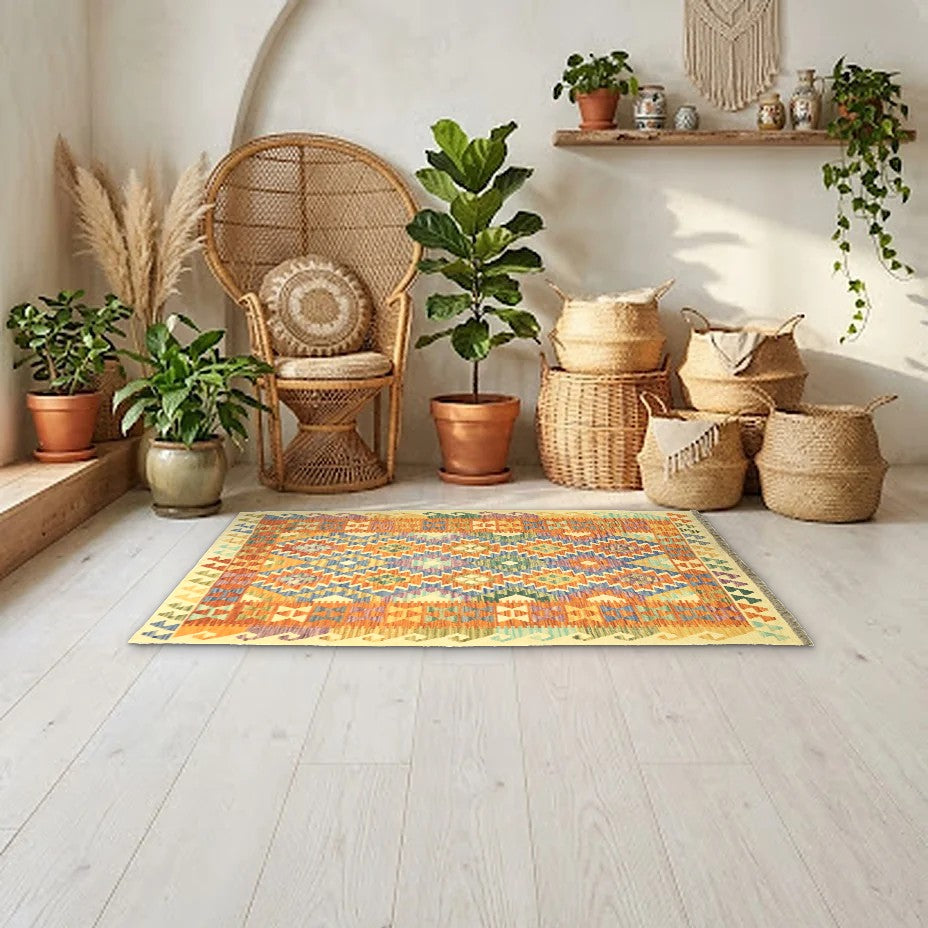 Room view: the rug on the floor of a furnished room, shown at its real size