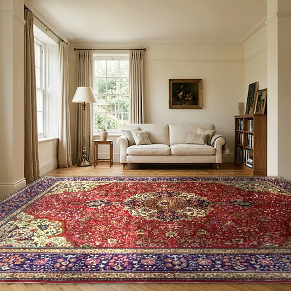 Room view: the rug on the floor of a furnished room, shown at its real size
