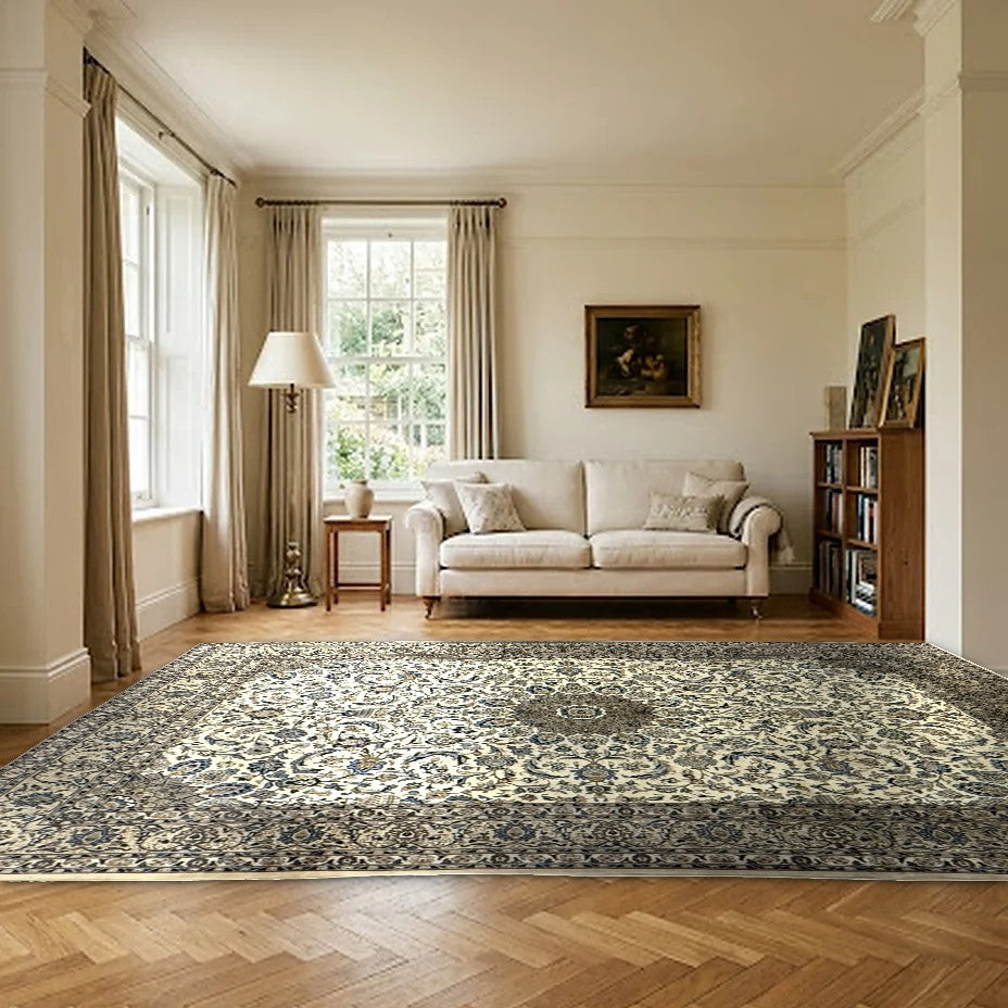 Room view: the rug on the floor of a furnished room, shown at its real size