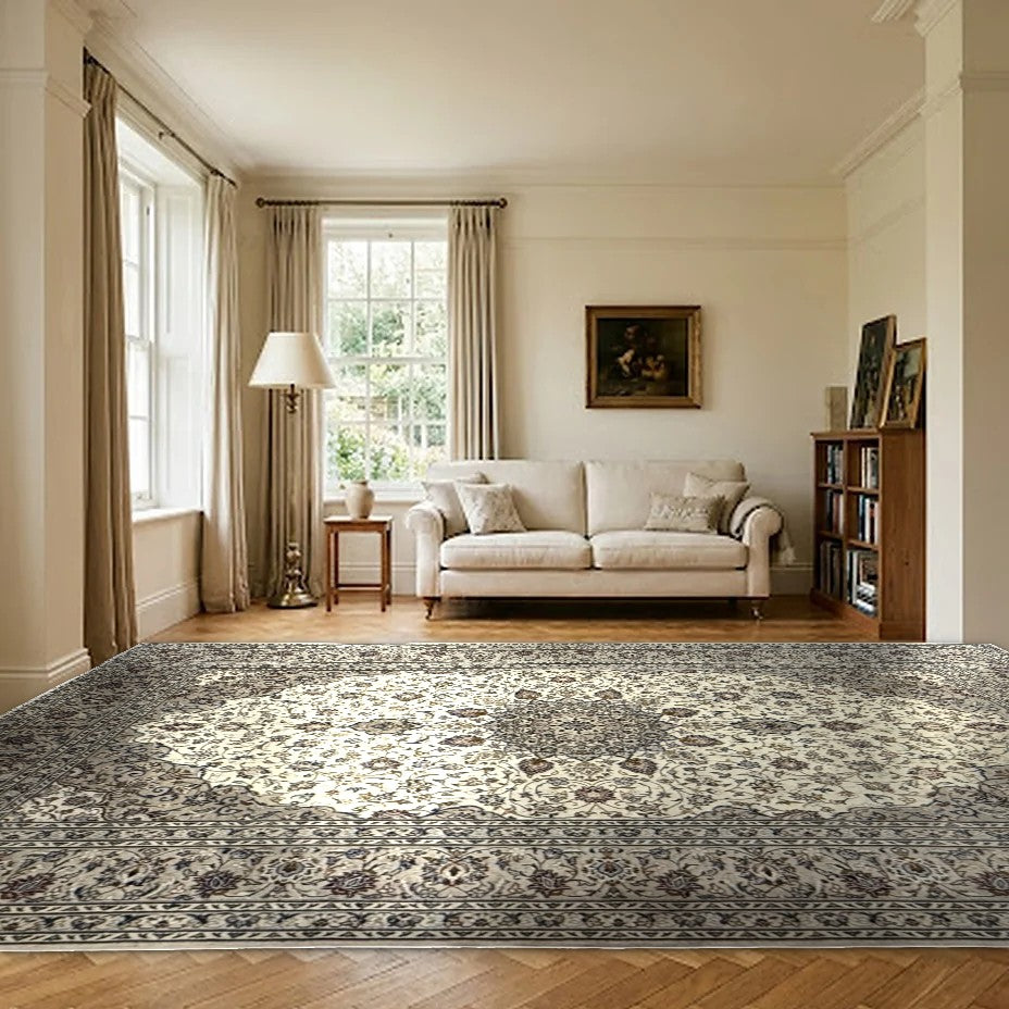Room view: the rug on the floor of a furnished room, shown at its real size