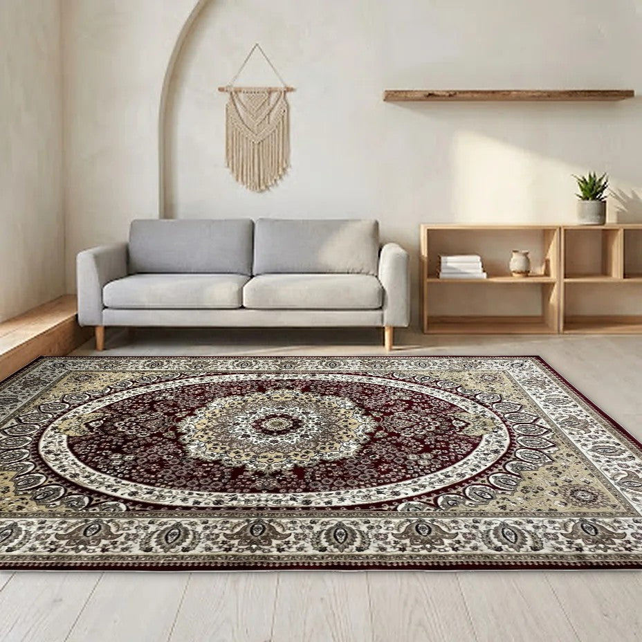 Room view: the rug on the floor of a furnished room, shown at its real size