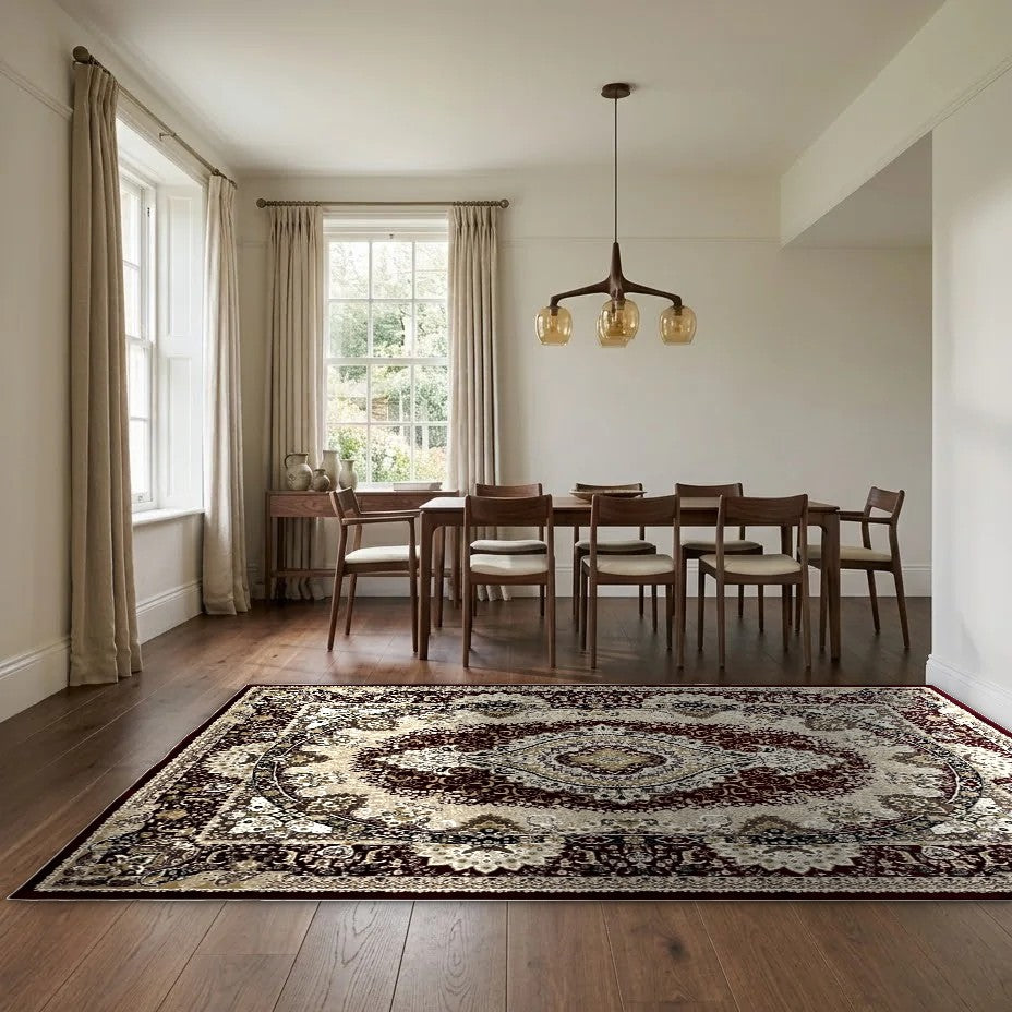 Room view: the rug on the floor of a furnished room, shown at its real size