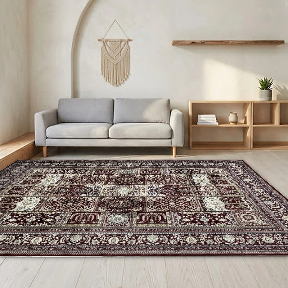 Room view: the rug on the floor of a furnished room, shown at its real size