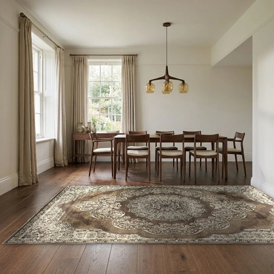 Room view: the rug on the floor of a furnished room, shown at its real size