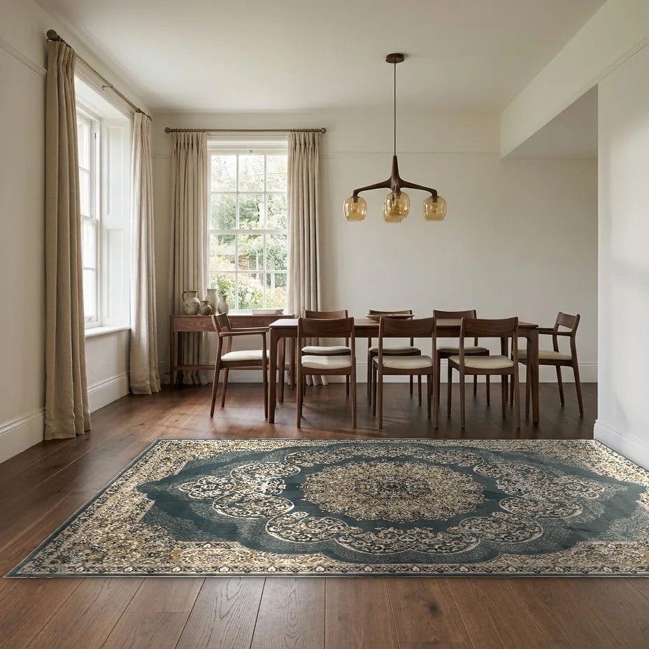 Room view: the rug on the floor of a furnished room, shown at its real size