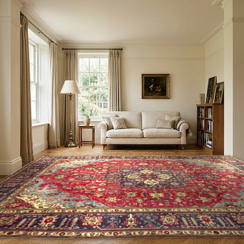 Room view: the rug on the floor of a furnished room, shown at its real size