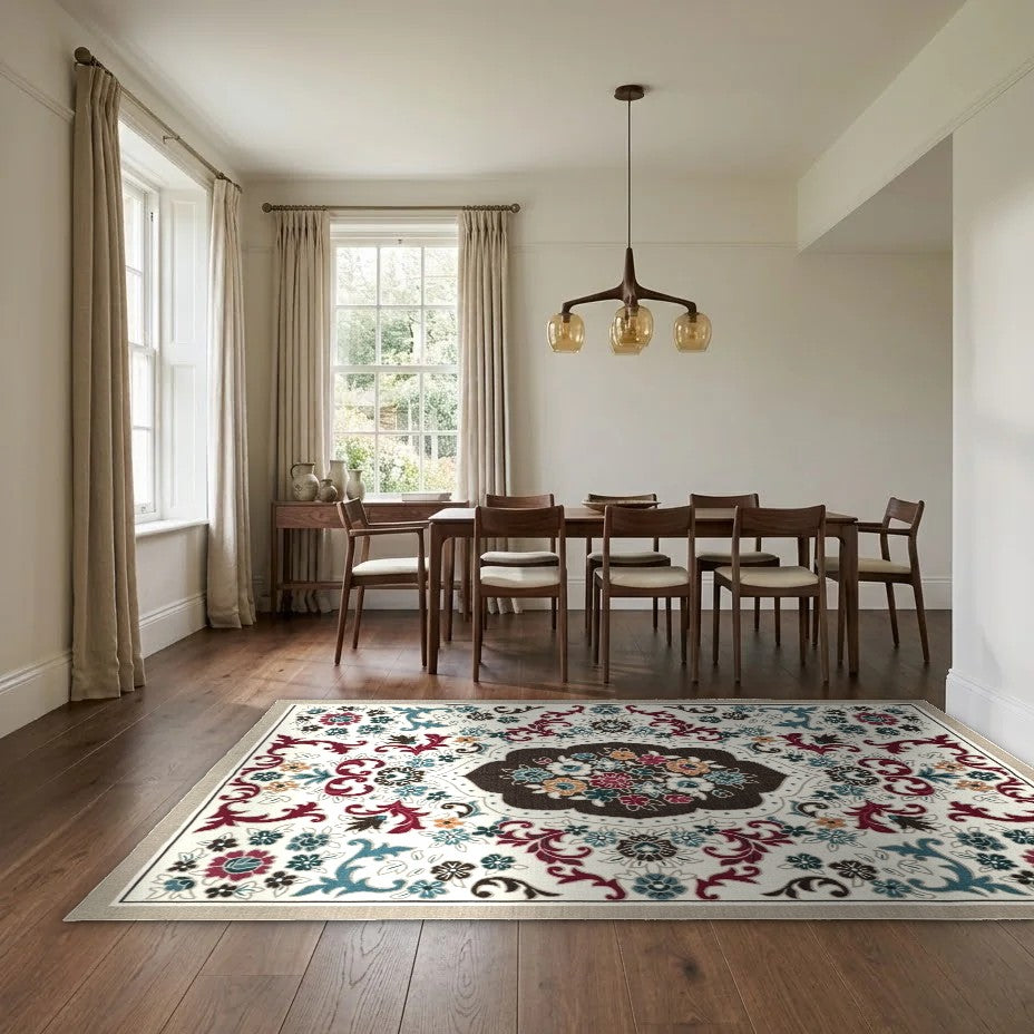 Room view: the rug on the floor of a furnished room, shown at its real size