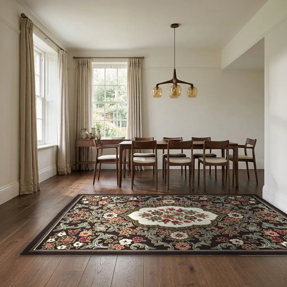 Room view: the rug on the floor of a furnished room, shown at its real size