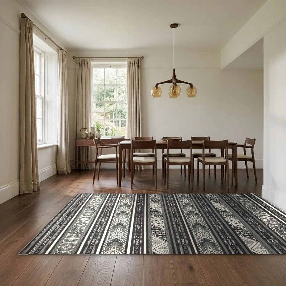 Room view: the rug on the floor of a furnished room, shown at its real size