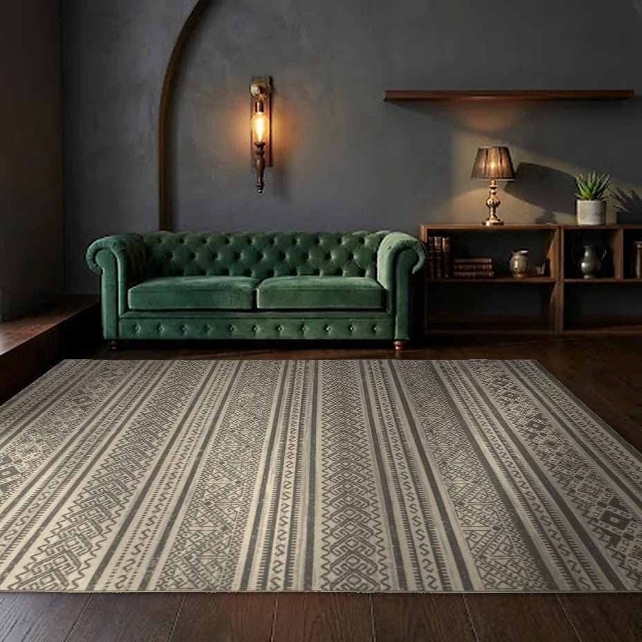 Room view: the rug on the floor of a furnished room, shown at its real size