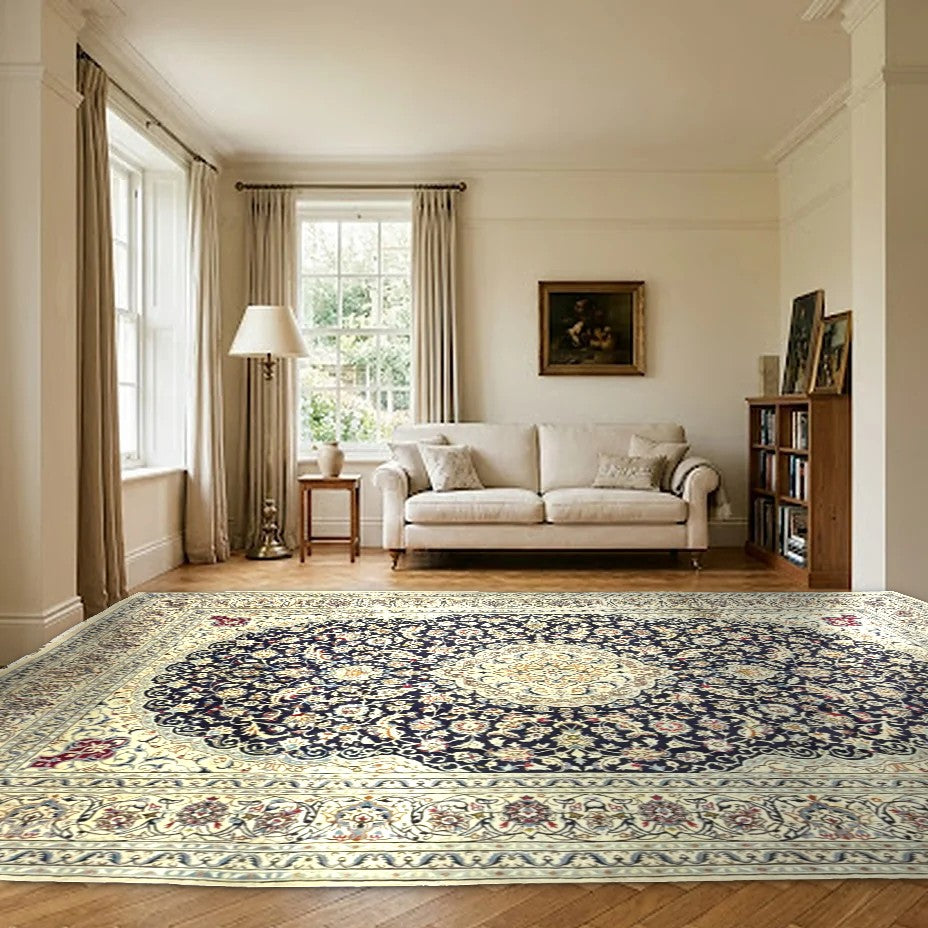 Room view: the rug on the floor of a furnished room, shown at its real size