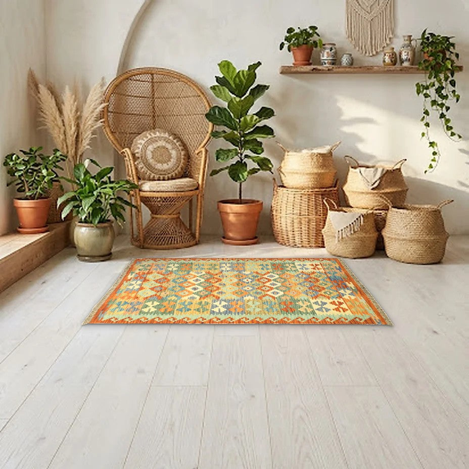 Room view: the rug on the floor of a furnished room, shown at its real size