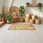 Room view: the rug on the floor of a furnished room, shown at its real size