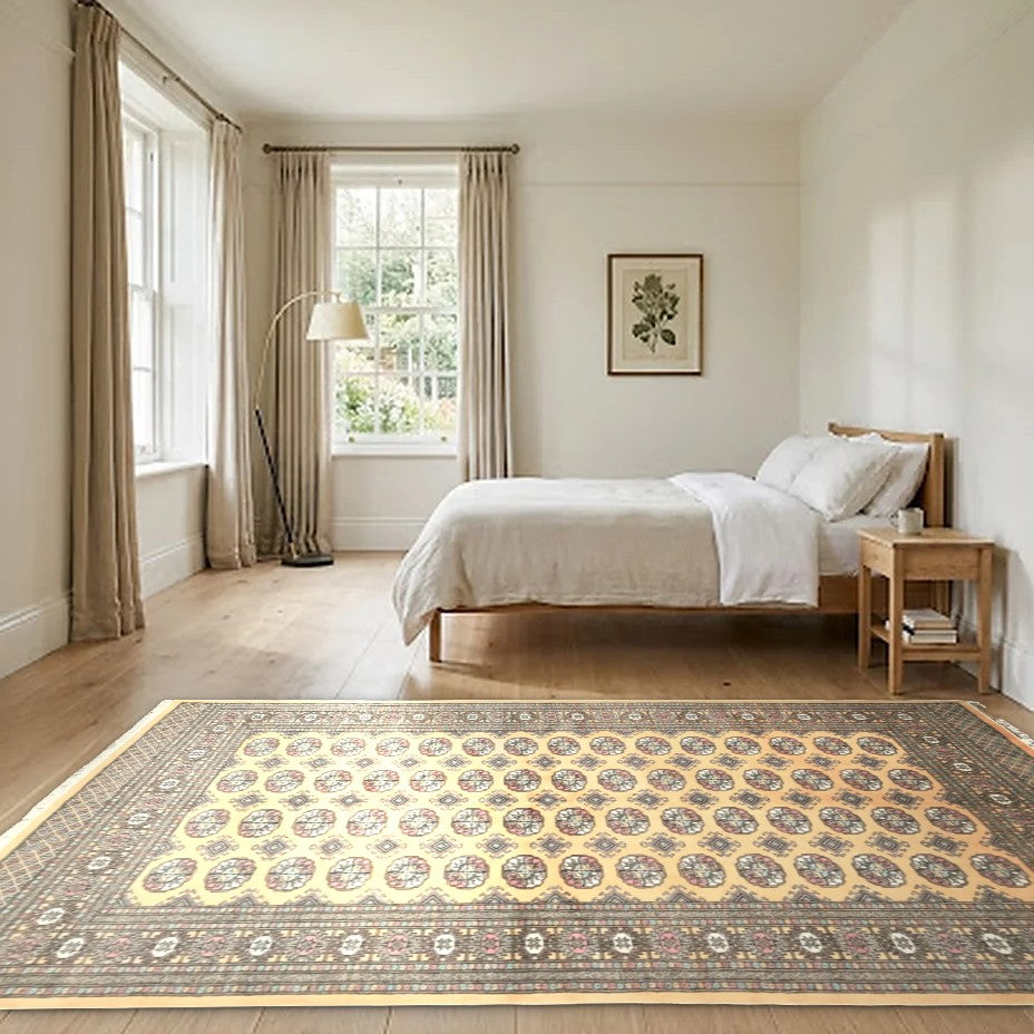 Room view: the rug on the floor of a furnished room, shown at its real size