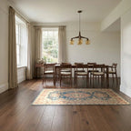 Room view: the rug on the floor of a furnished room, shown at its real size
