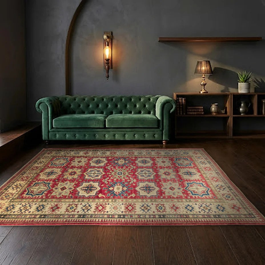 Room view: the rug on the floor of a furnished room, shown at its real size