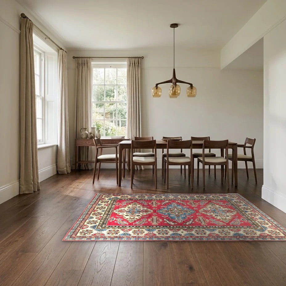 Room view: the rug on the floor of a furnished room, shown at its real size