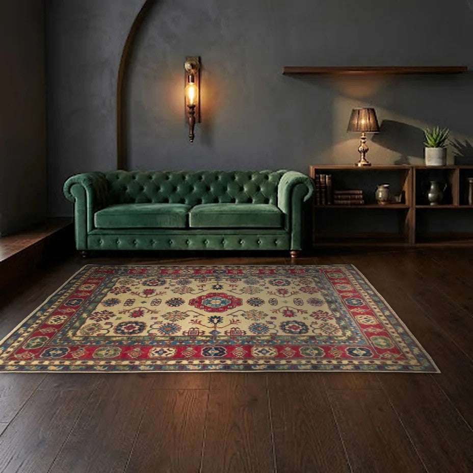 Room view: the rug on the floor of a furnished room, shown at its real size