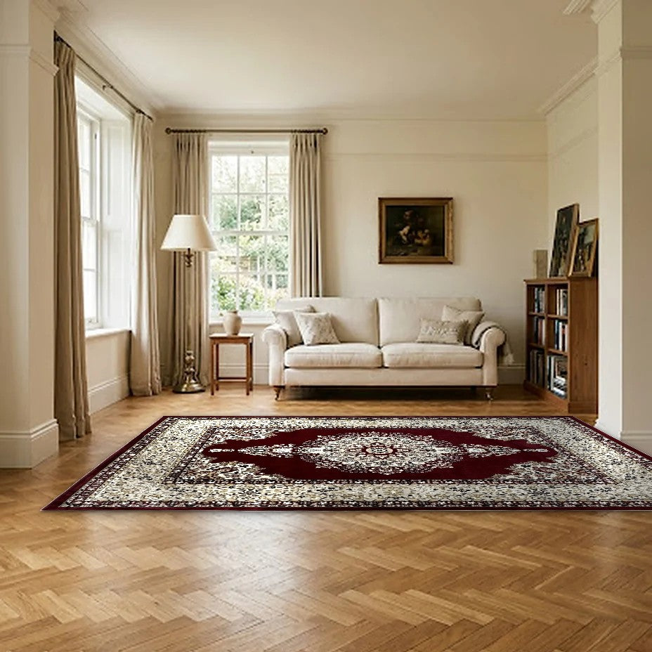 Room view: the rug on the floor of a furnished room, shown at its real size