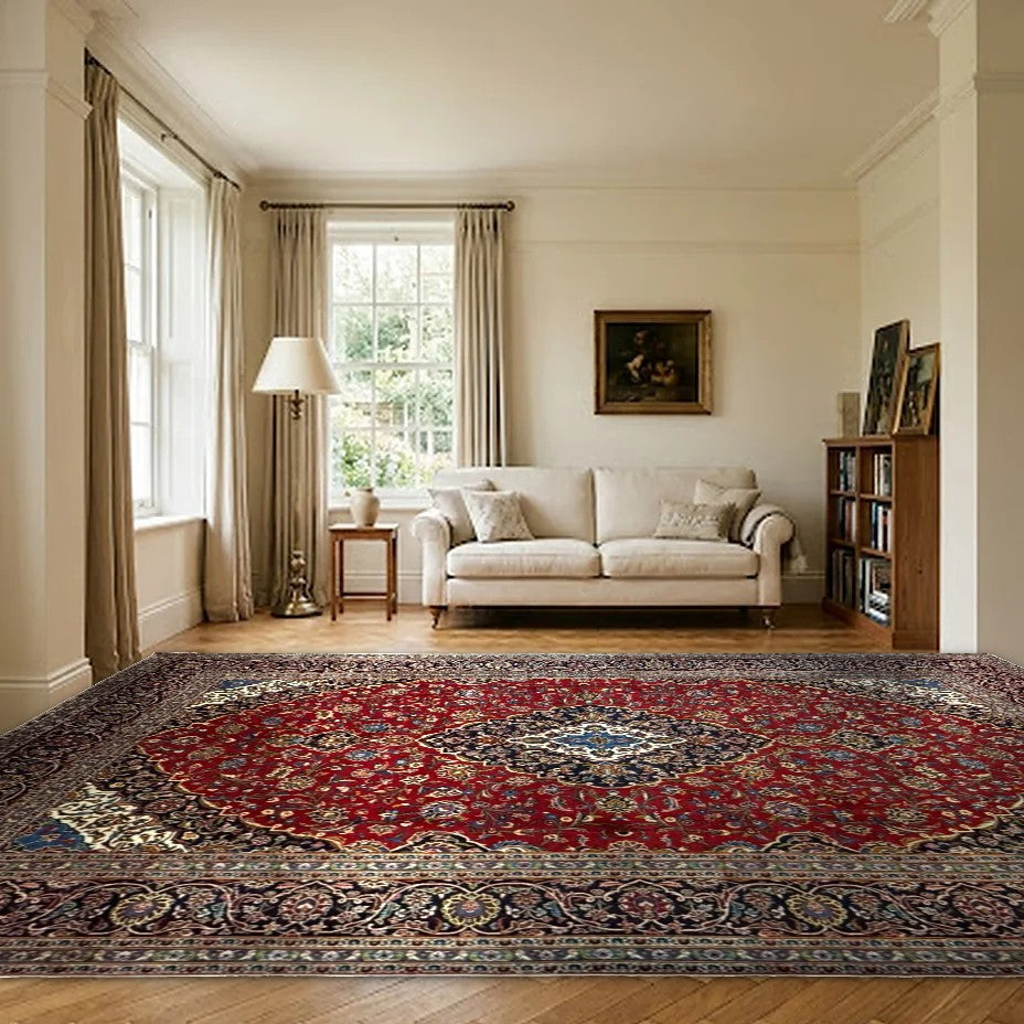 Room view: the rug on the floor of a furnished room, shown at its real size