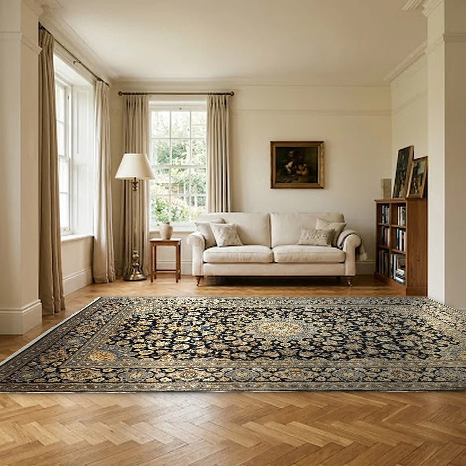 Room view: the rug on the floor of a furnished room, shown at its real size