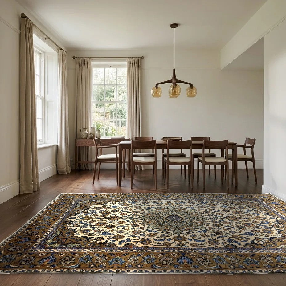 Room view: the rug on the floor of a furnished room, shown at its real size