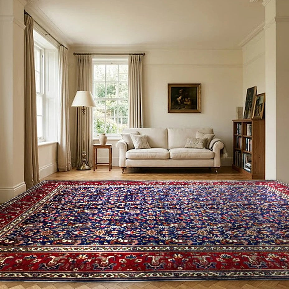 Room view: the rug on the floor of a furnished room, shown at its real size