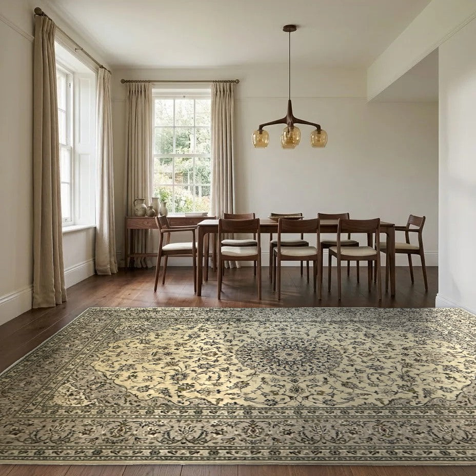 Room view: the rug on the floor of a furnished room, shown at its real size