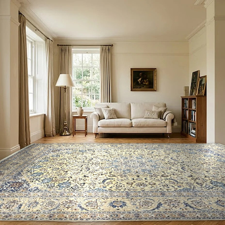 Room view: the rug on the floor of a furnished room, shown at its real size