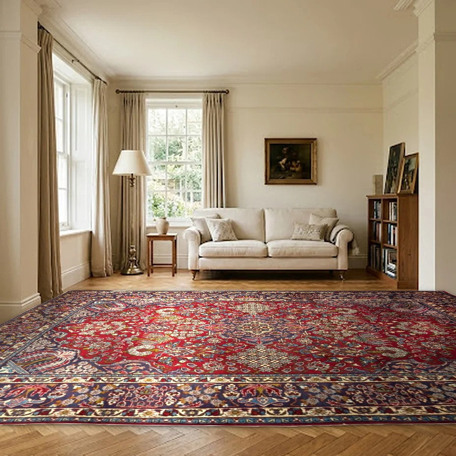 Room view: the rug on the floor of a furnished room, shown at its real size