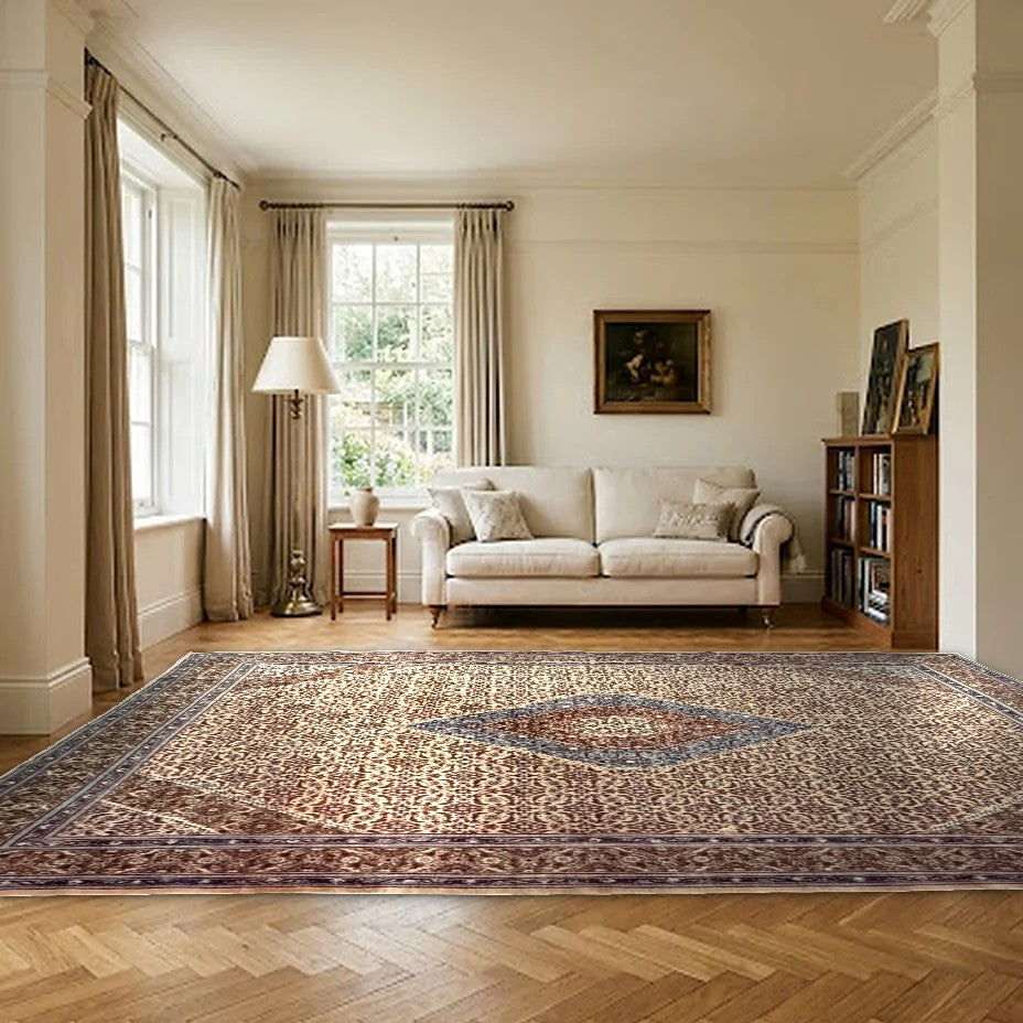 Room view: the rug on the floor of a furnished room, shown at its real size