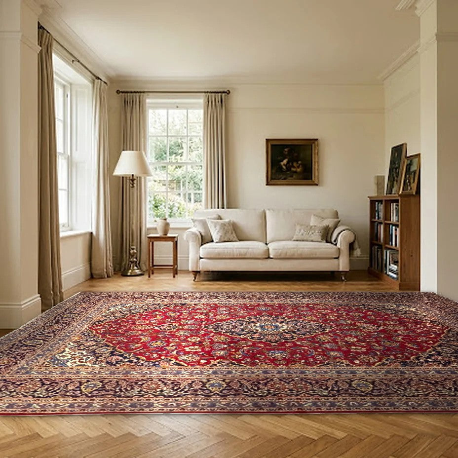 Room view: the rug on the floor of a furnished room, shown at its real size