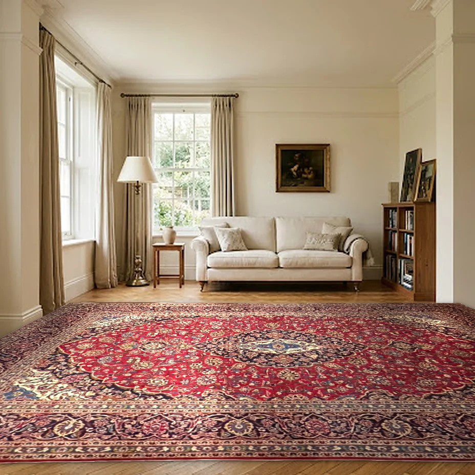 Room view: the rug on the floor of a furnished room, shown at its real size