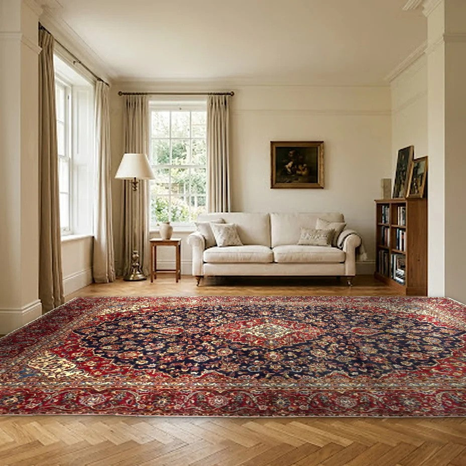 Room view: the rug on the floor of a furnished room, shown at its real size