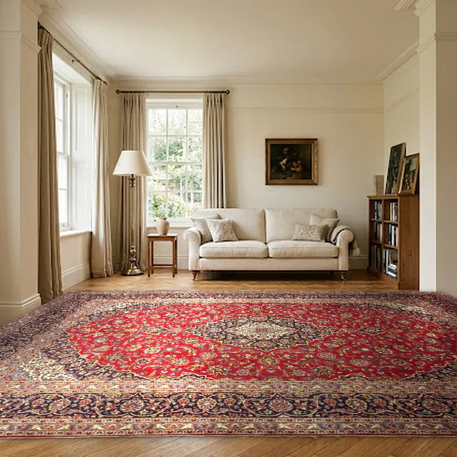 Room view: the rug on the floor of a furnished room, shown at its real size