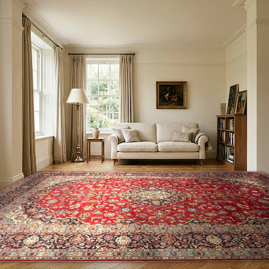 Room view: the rug on the floor of a furnished room, shown at its real size