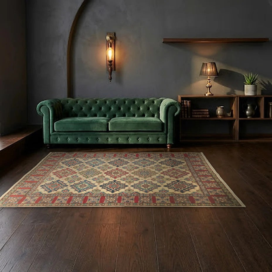 Room view: the rug on the floor of a furnished room, shown at its real size