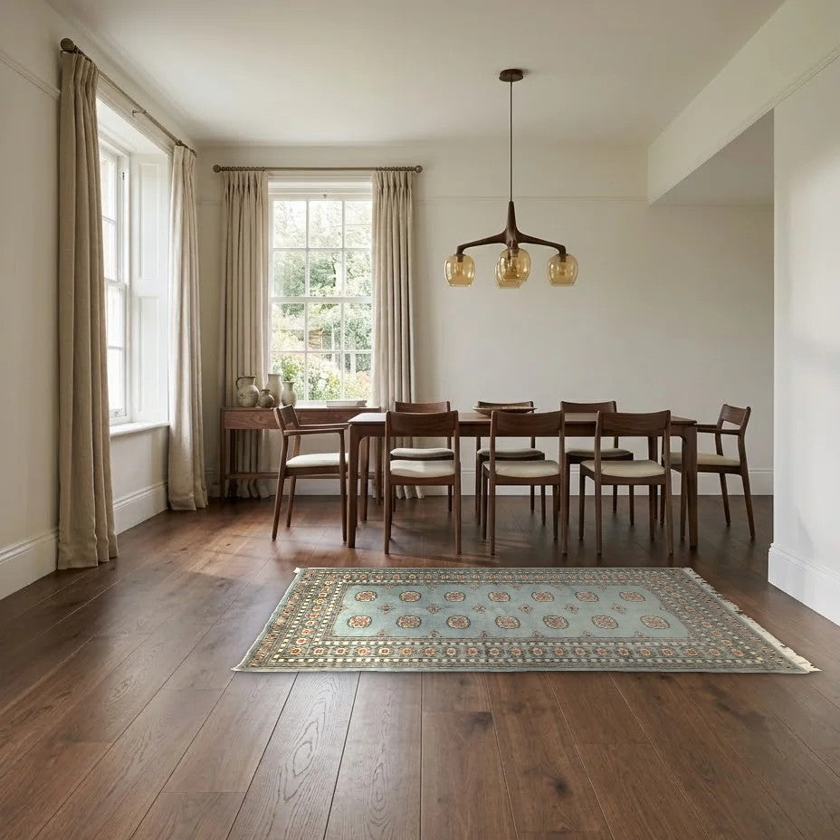 Room view: the rug on the floor of a furnished room, shown at its real size