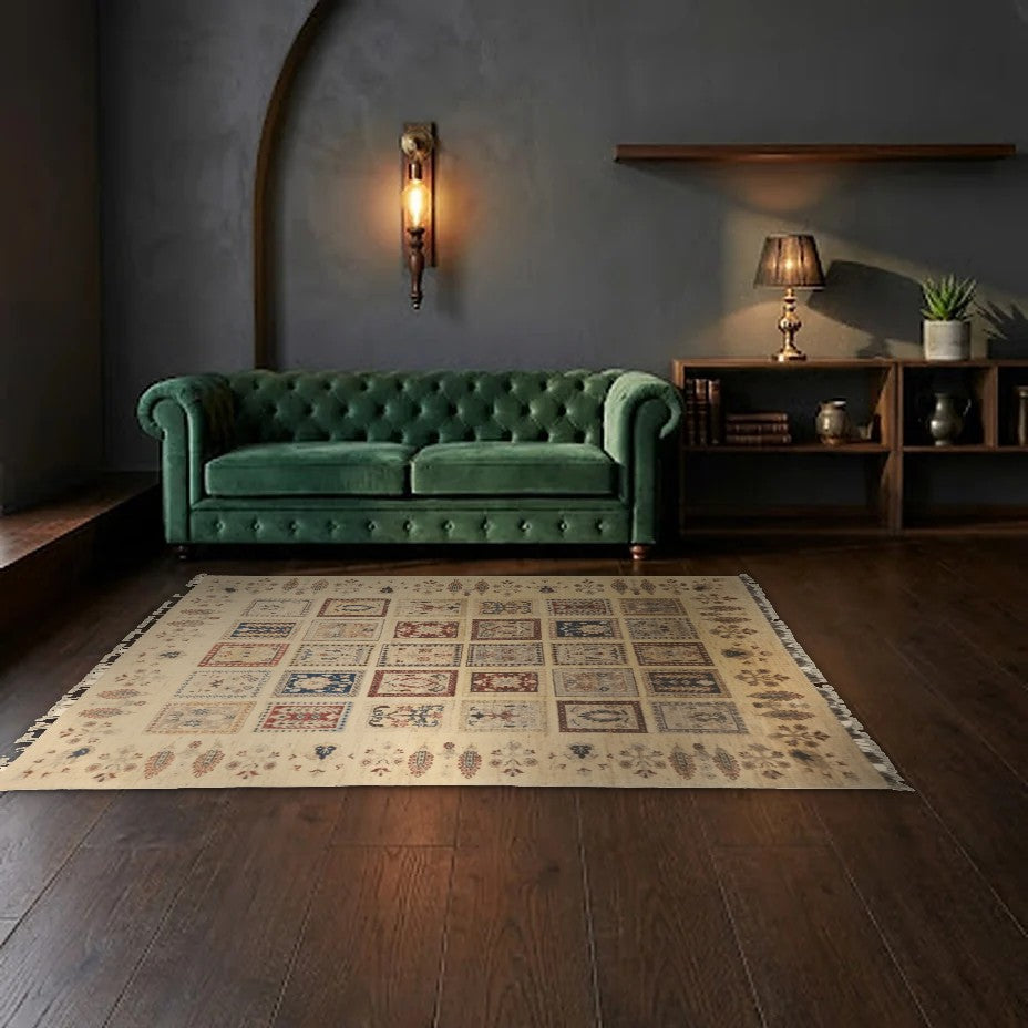 Room view: the rug on the floor of a furnished room, shown at its real size