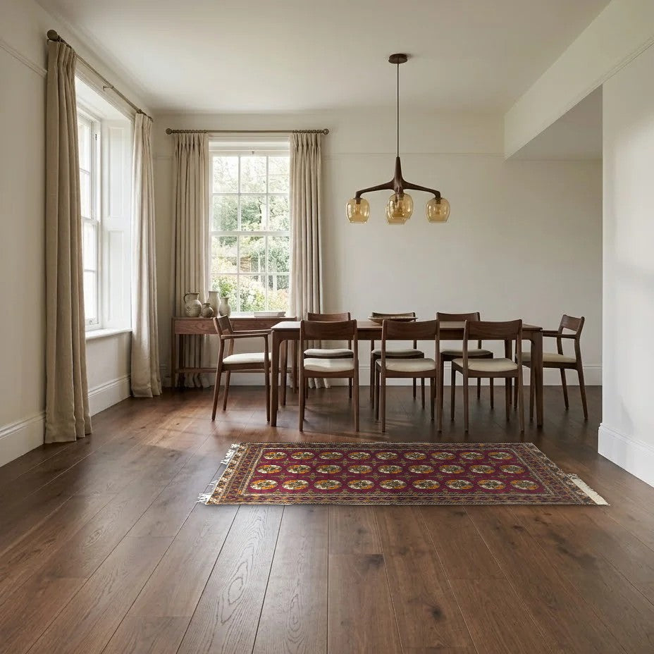Room view: the rug on the floor of a furnished room, shown at its real size