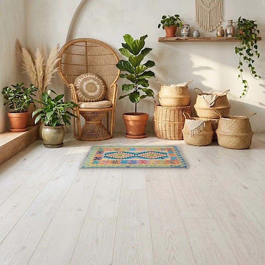 Room view: the rug on the floor of a furnished room, shown at its real size
