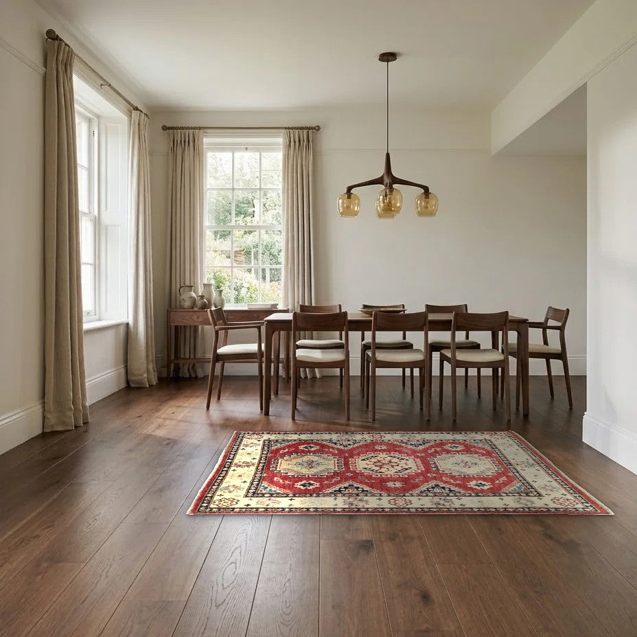 Room view: the rug on the floor of a furnished room, shown at its real size