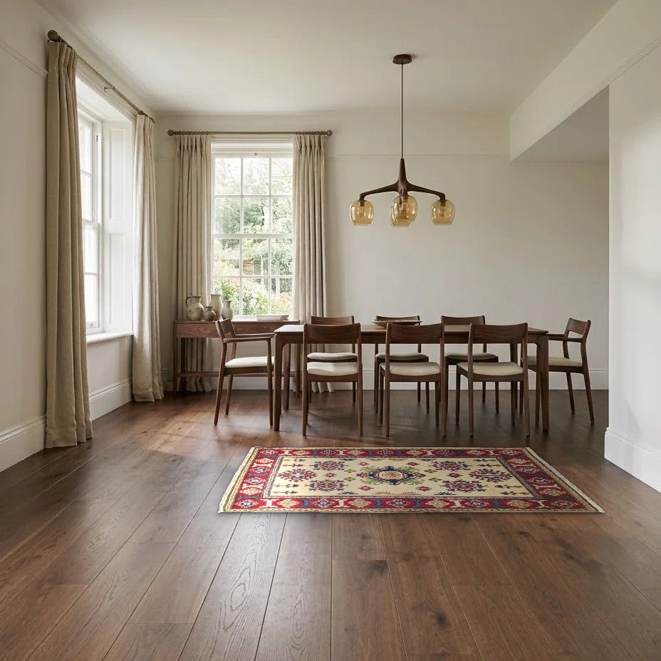 Room view: the rug on the floor of a furnished room, shown at its real size