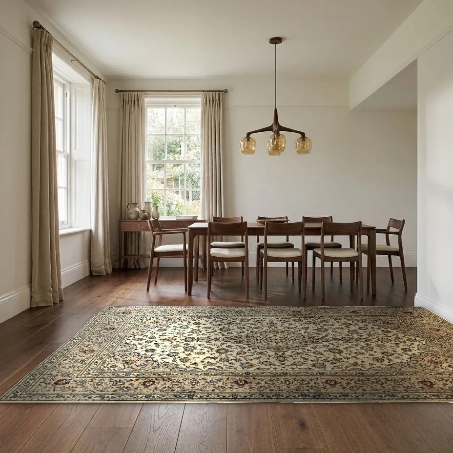 Room view: the rug on the floor of a furnished room, shown at its real size