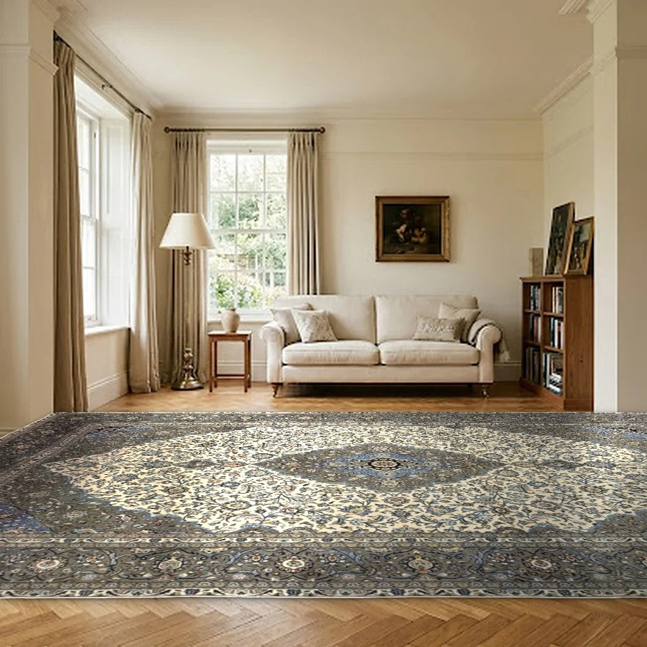 Room view: the rug on the floor of a furnished room, shown at its real size